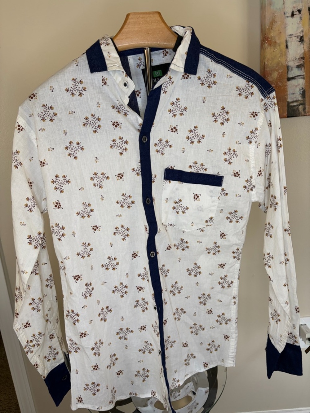 White Floral Button-Down Shirt with Navy Trim